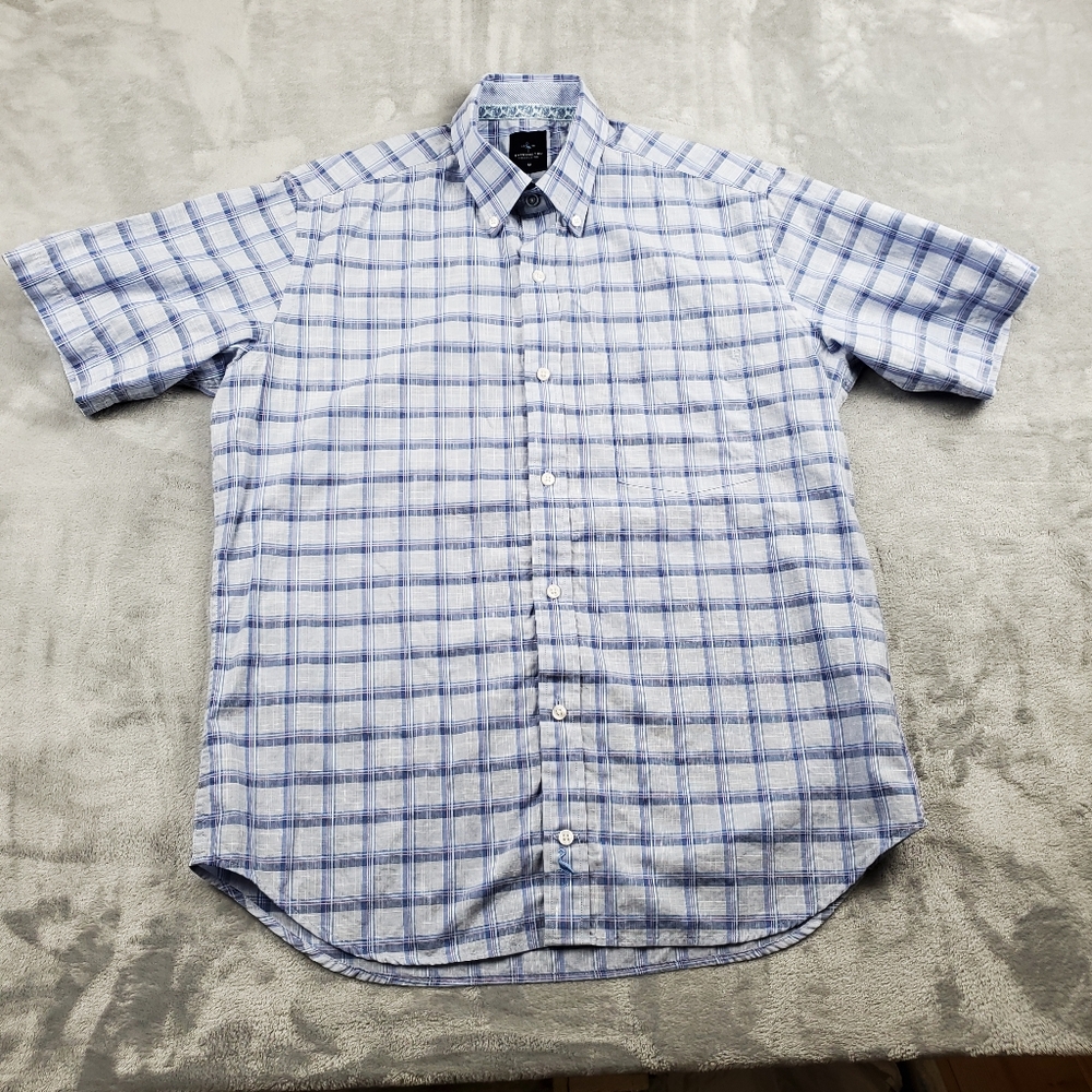 Tailorbyrd Mens Medium M Purple Plaid Short Sleeve Button Up Shirt Pocket Cotton